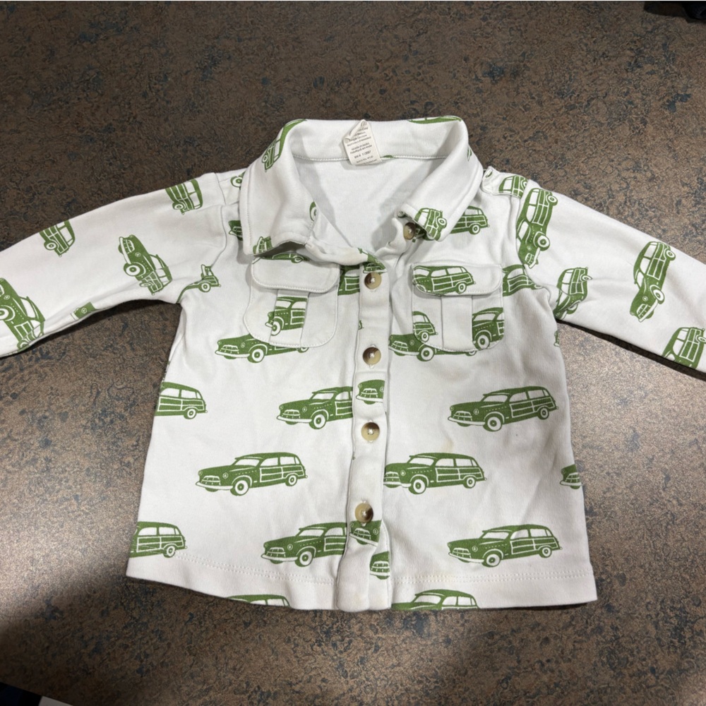 Kate Quinn White and Green Car Print Kids Button Down Shirt Cotton